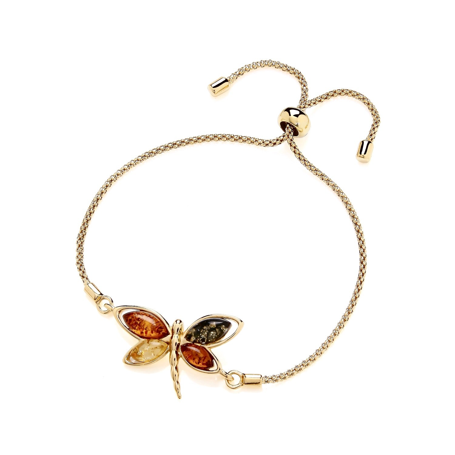 Gold On Sterling Silver Natural Baltic Amber Dragonfly Pull Style Bracelet  Description