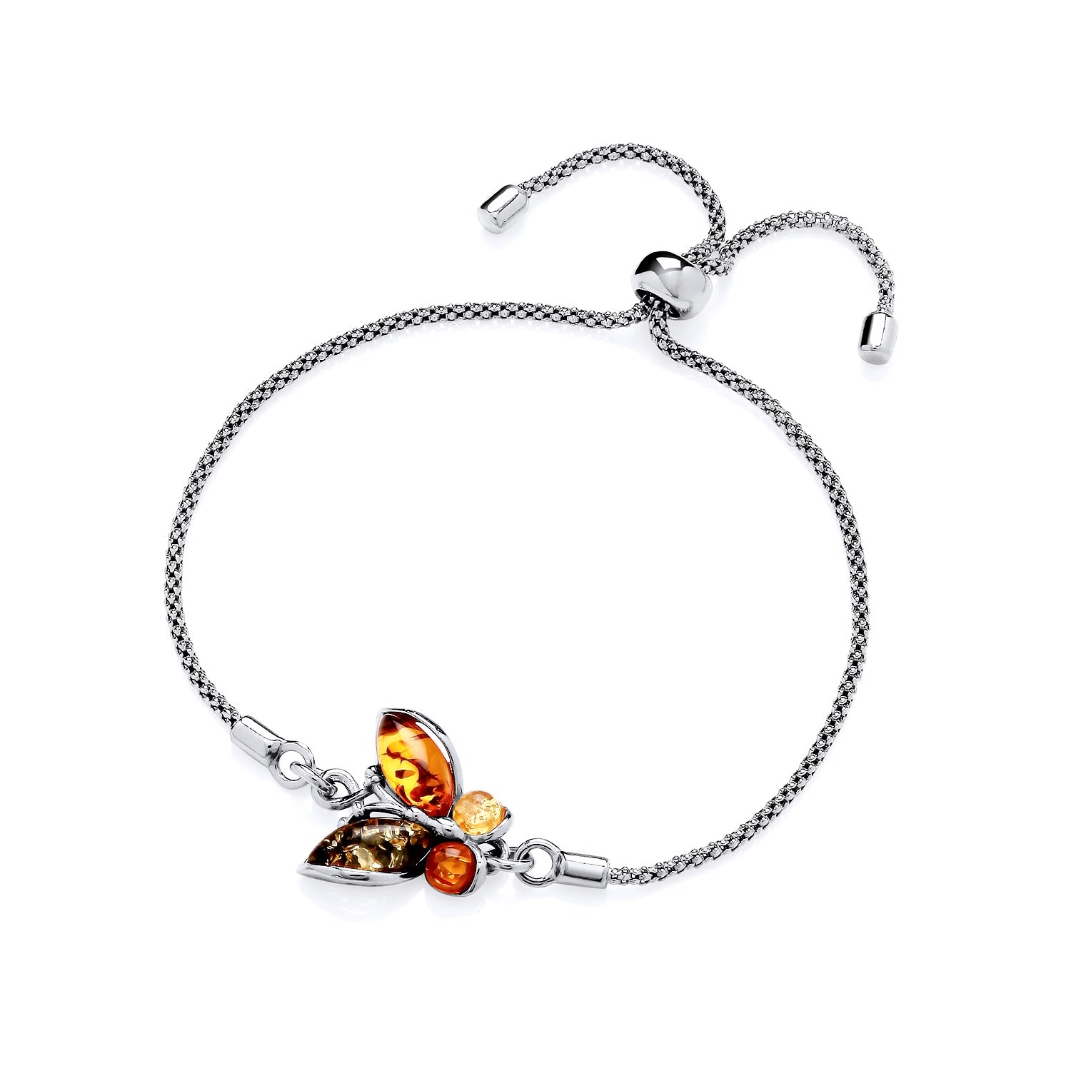 Sterling Silver Natural Baltic Amber Butterfly Pull Style Bracelet