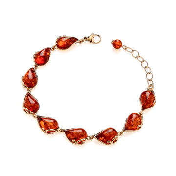 Gold On Sterling Silver Natural Baltic Amber Teardrop Floral Bracelet