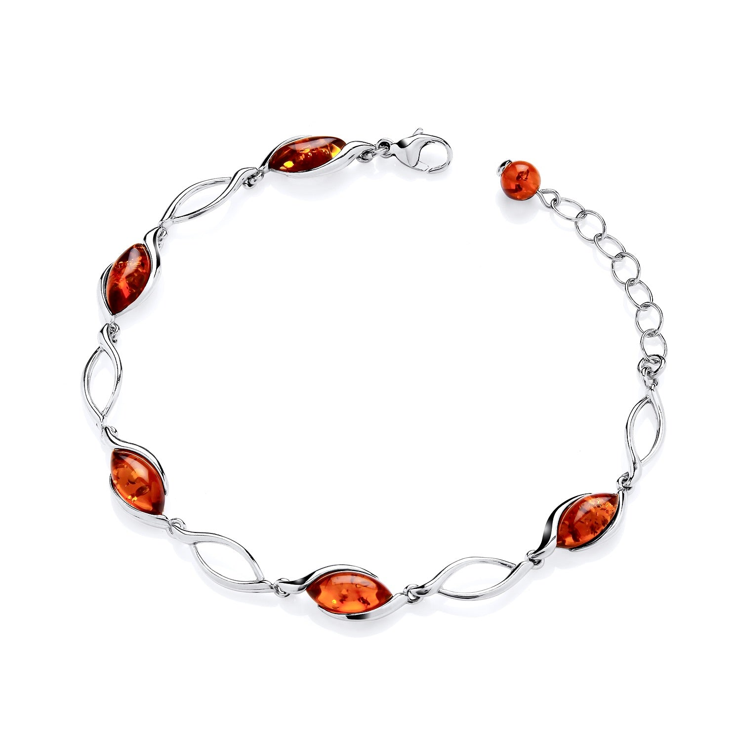 Sterling Silver Natural Baltic Amber Marquise Link Bracelet