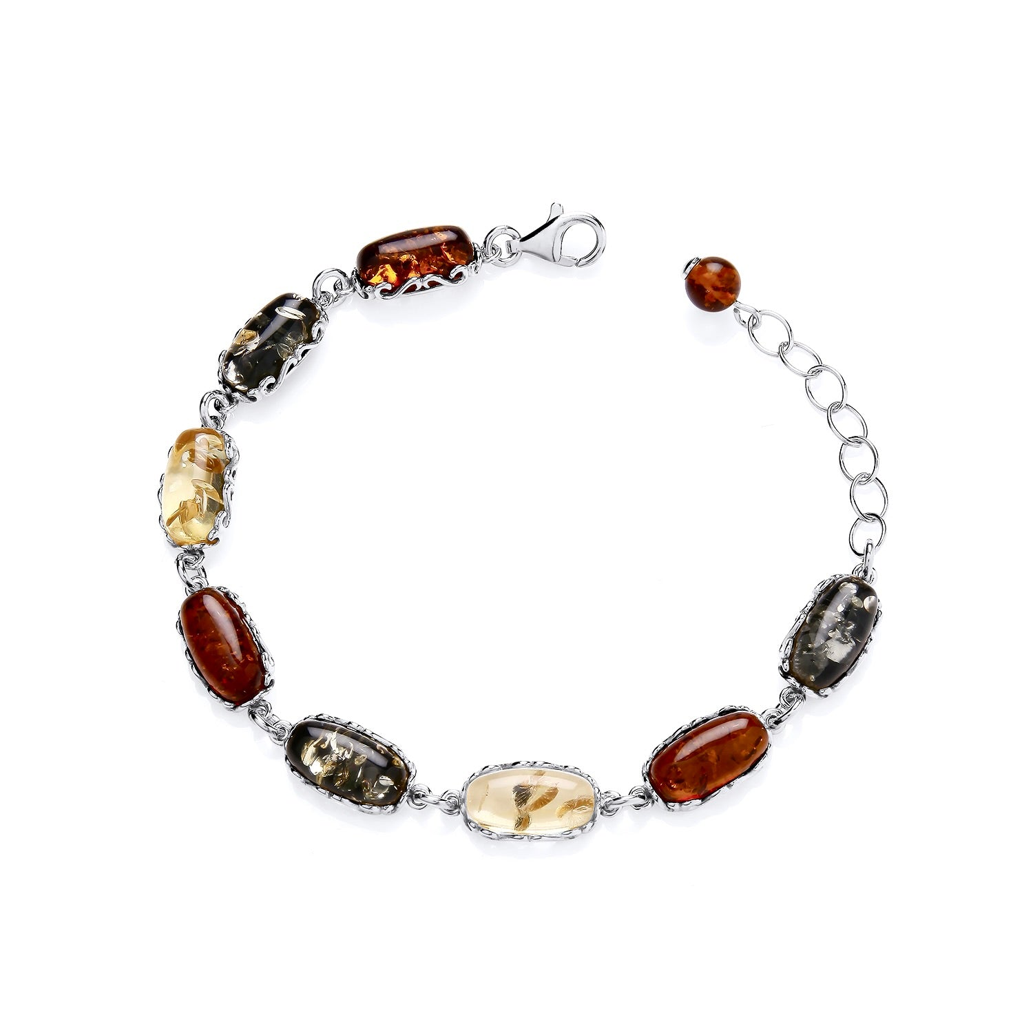 Sterling Silver Natural Baltic Amber Multi Oblong Bracelet