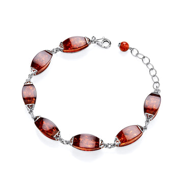Sterling Silver Natural Baltic Amber Marquise Panel Bracelet