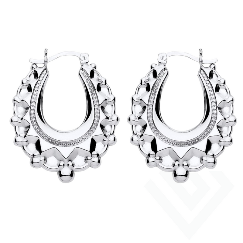 Sterling Silver 925 Medium Spikey Oval Creole Earrings – 29.5mm x 24mm