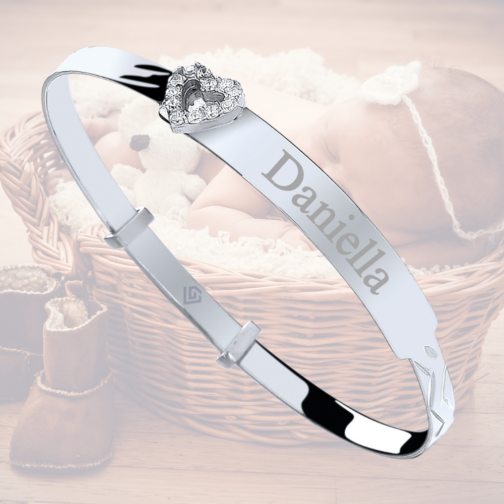 Sterling Silver 925 Personalised CZ Heart Baby ID Bangle