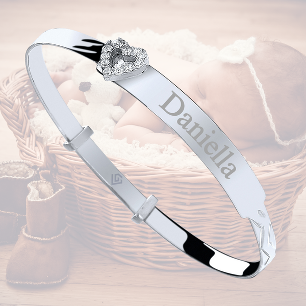 Sterling Silver 925 Personalised CZ Heart Baby ID Bangle