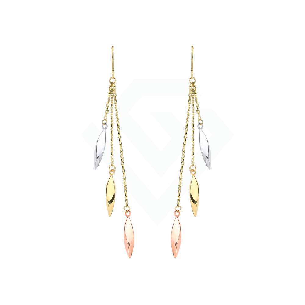 9ct Yellow, White & Rose Gold Twisted Tube Hollow Drop Earrings