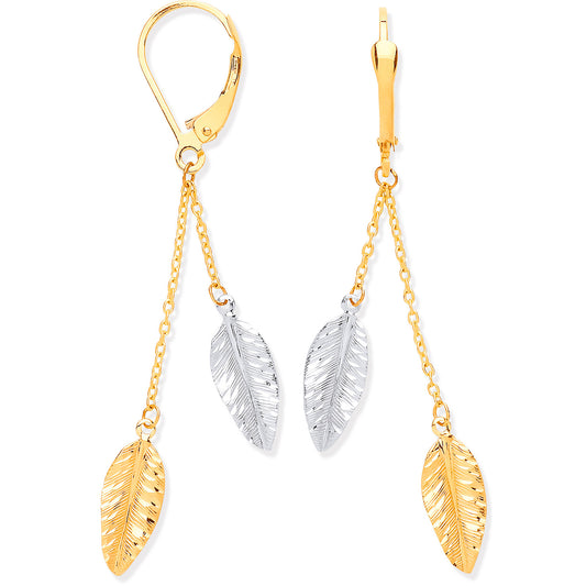 9ct Yellow & White Gold Leaf Drop Earrings: