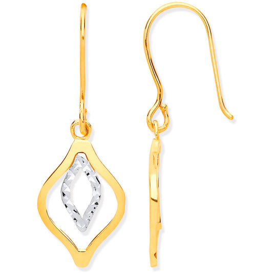 9ct Yellow & White Gold Rhombus Shaped Hook Earrings: