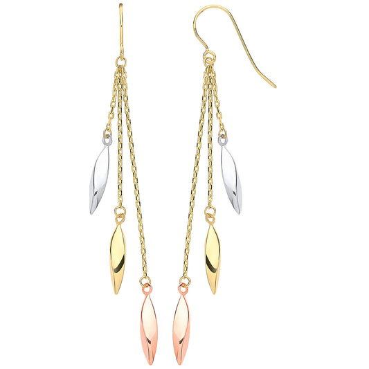 9ct Yellow, White & Rose Gold Twisted Tube Hollow Drop Earrings