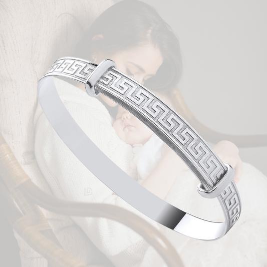 Sterling Silver 4mm Greek Key Expanding Baby Bangle – Elegant Newborn Gift with Timeless Design