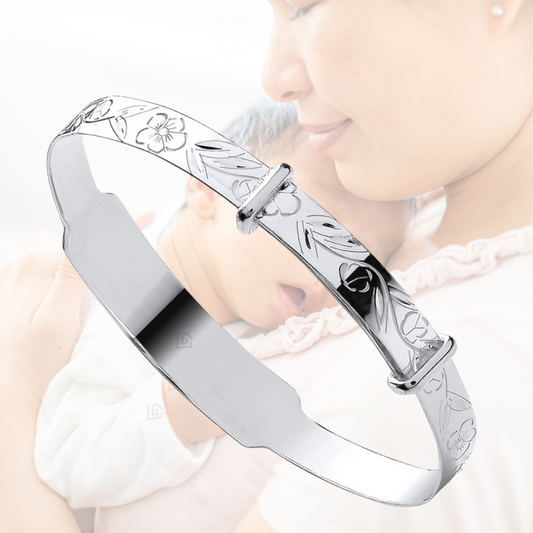 Sterling Silver Floral Patterned Engravable ID Expanding Baby Bangle – Personalised Keepsake Gift