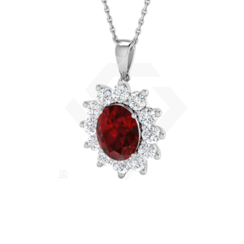 3.25ct Oval Lab Ruby & Diamond Cluster Pendant in 9ct White Gold