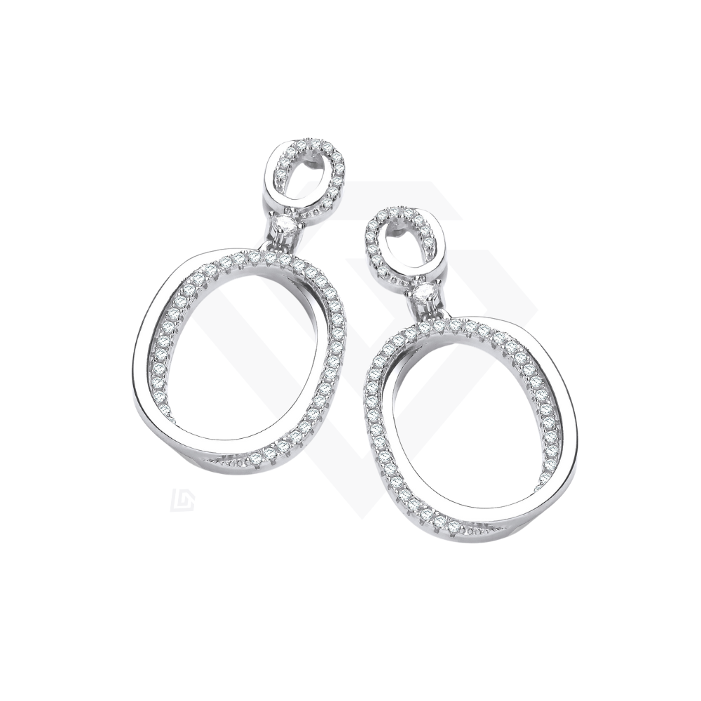 Sterling Silver Oval Plain & Cubic Zirconia Drop Earrings