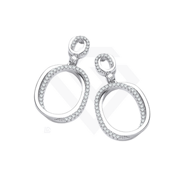 Sterling Silver Oval Plain & Cubic Zirconia Drop Earrings