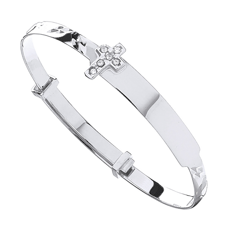 9ct White Gold Diamond-Cut Expandable Baby Bangle with CZ Cross