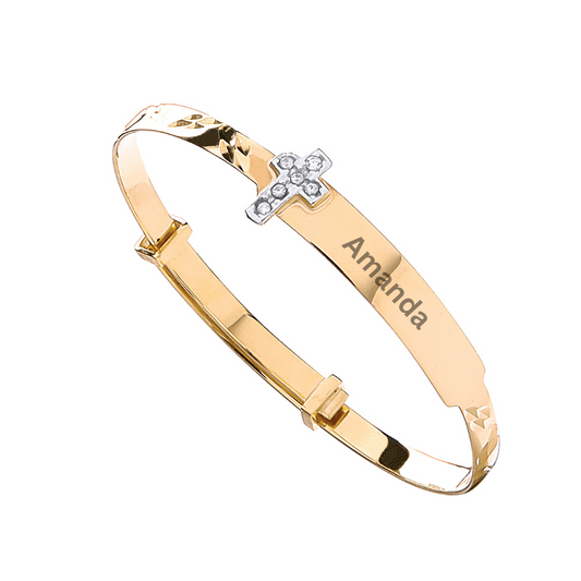 9ct Yellow Gold Diamond-Cut Expandable Baby Bangle with CZ Cross