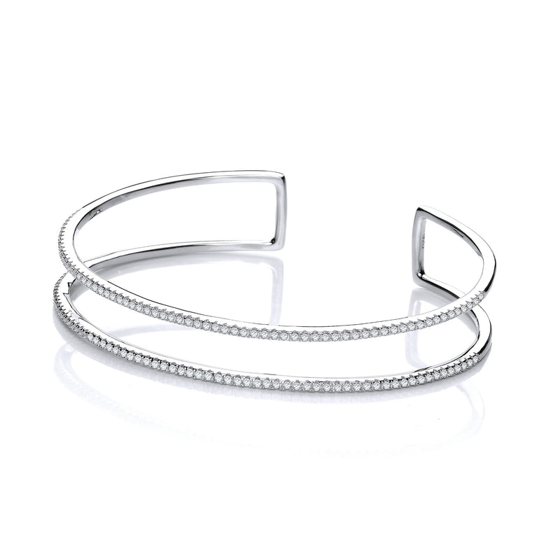 Silver Cuff Bangle with Two Row Micro Pavé Cubic Zirconia