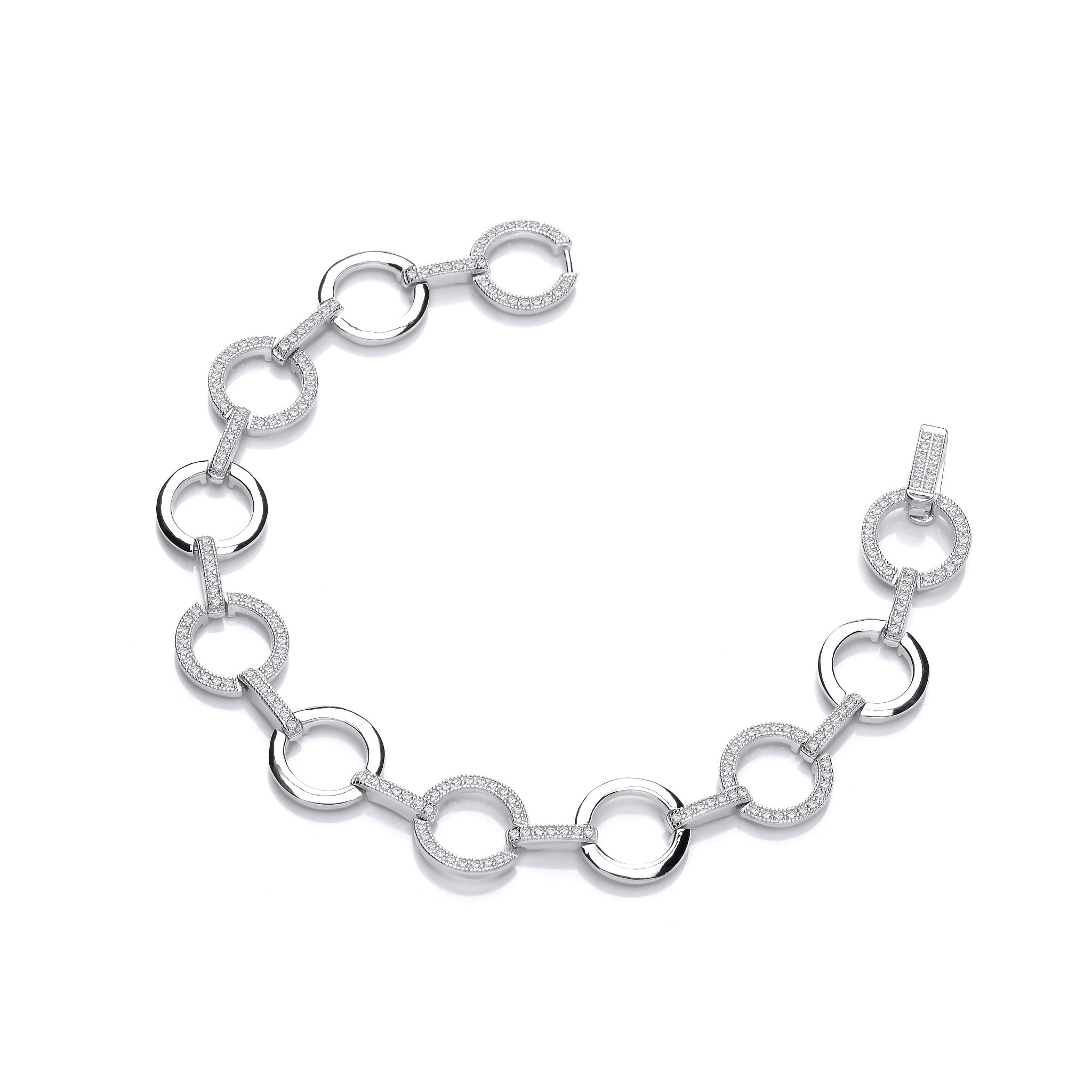 Sterling Silver Circles Plain & Cubic Zirconia Ladies Bracelet