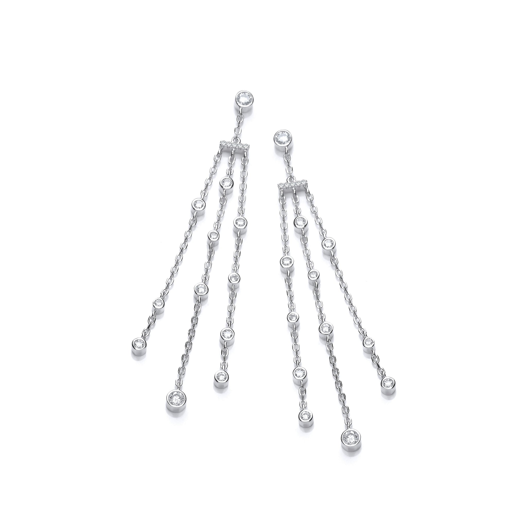 Sterling Silver Three Strings Rubover Cubic Zirconia Drop Earrings
