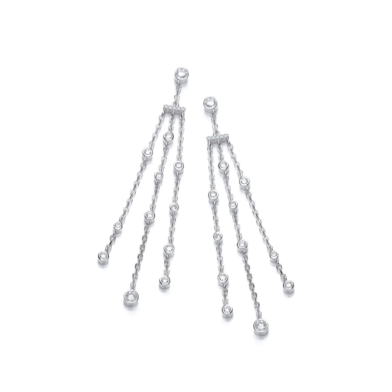 Sterling Silver Three Strings Rubover Cubic Zirconia Drop Earrings