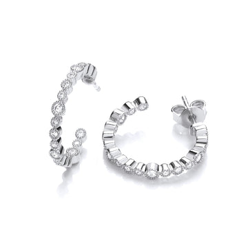 Sterling Silver 925 Mill Grain Edge Rubover Set Cubic Zirconia Hoop Earrings
