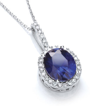 Silver Oval Cluster Deep Blue Cubic Zirconia Pendant with 18" Chain