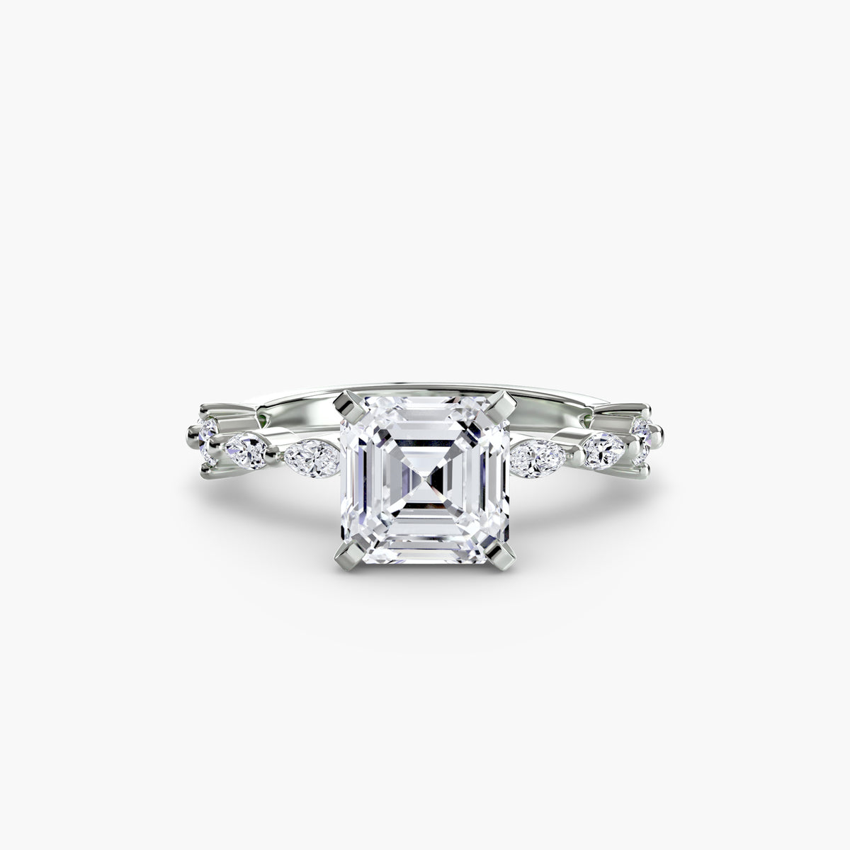 Solitaire with Eternity Pavé engagement ring in white gold with an Asscher-cut centre stone