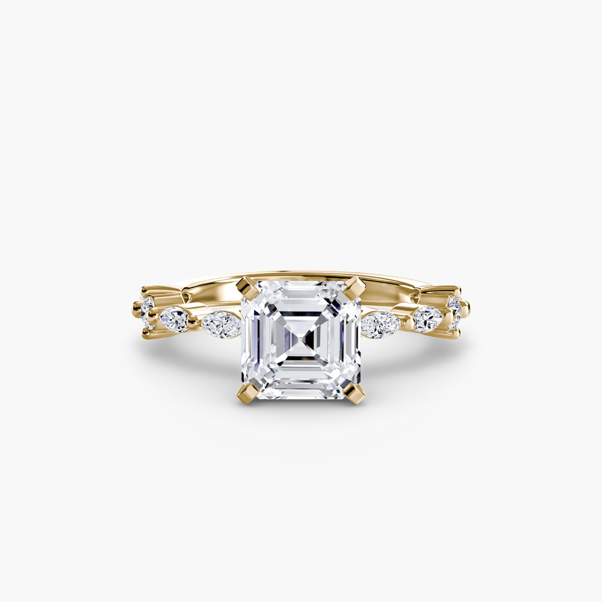 Solitaire with Eternity Pavé engagement ring in yellow gold with an Asscher-cut centre stone