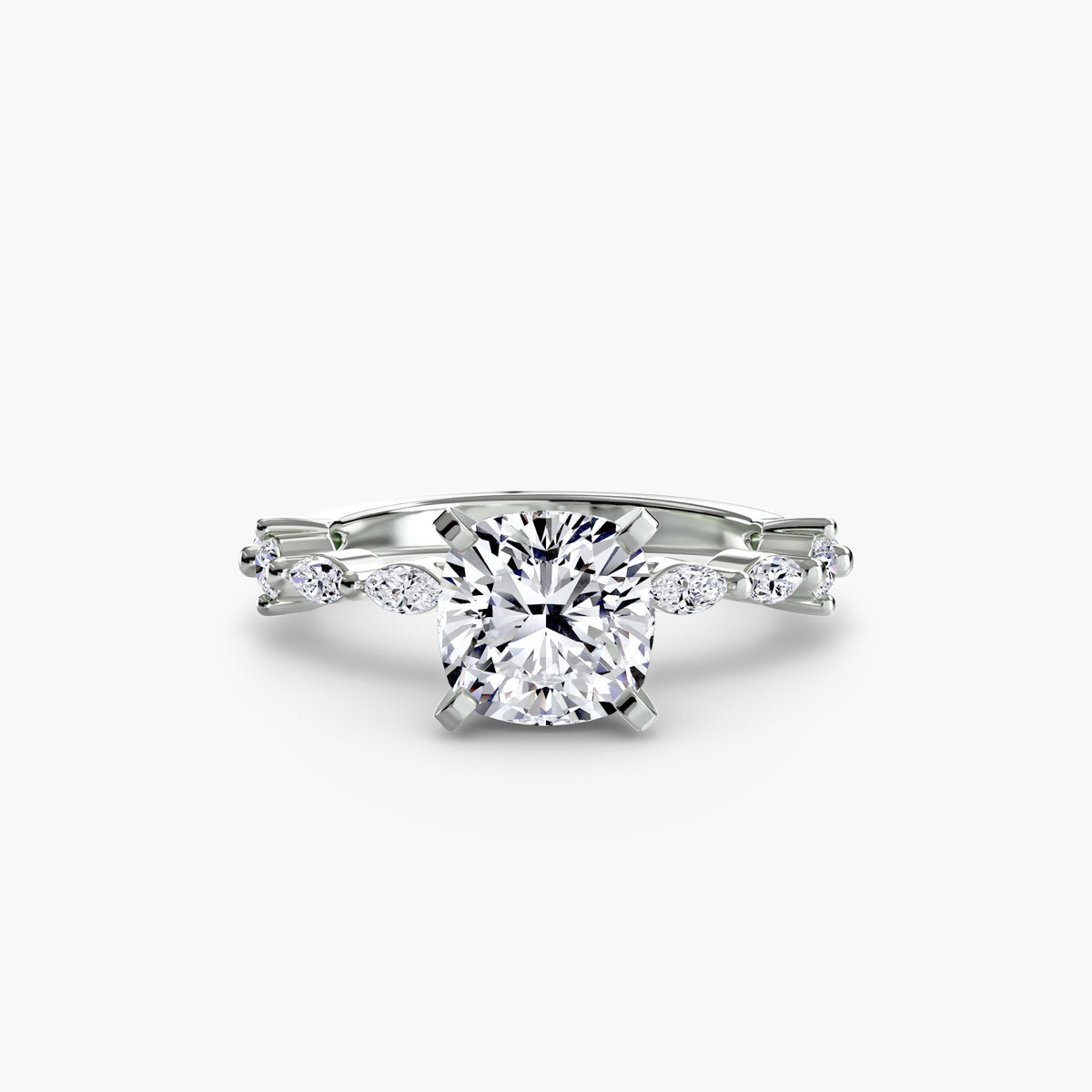 Solitaire with Eternity Pavé engagement ring in white gold with a cushion-cut centre stone