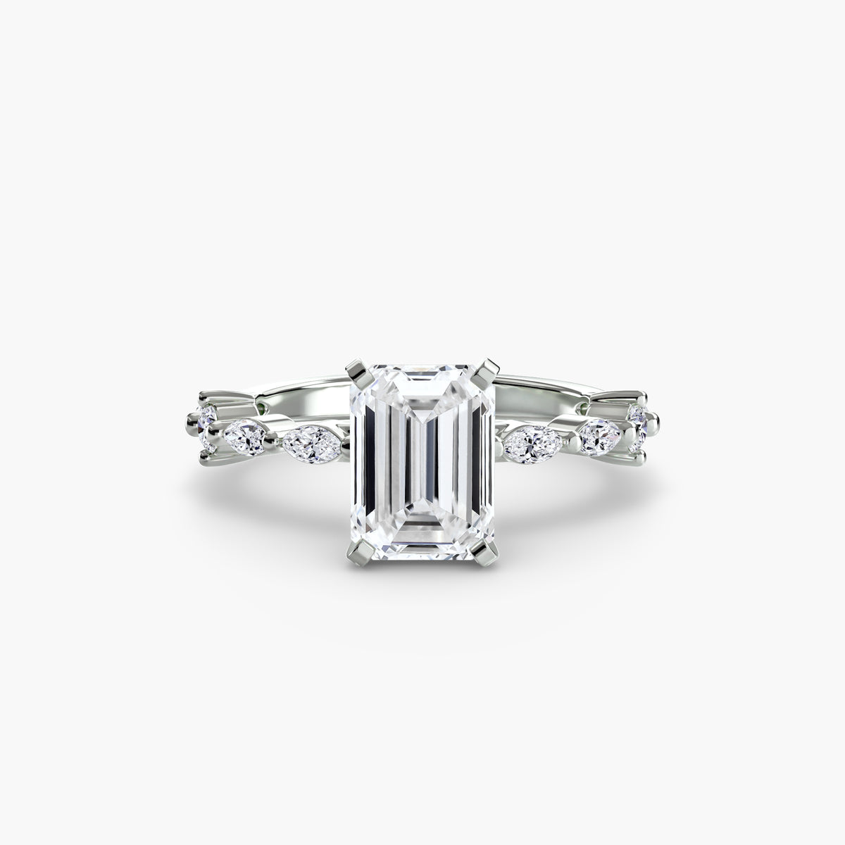 Solitaire with Eternity Pavé engagement ring in white gold with an emerald-cut centre stone