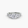 Three-Stone with Pavé Band engagement ring in white gold with an Asscher-cut centre stone