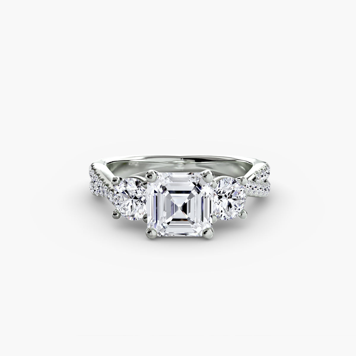 Three-Stone with Pavé Band engagement ring in white gold with an Asscher-cut centre stone