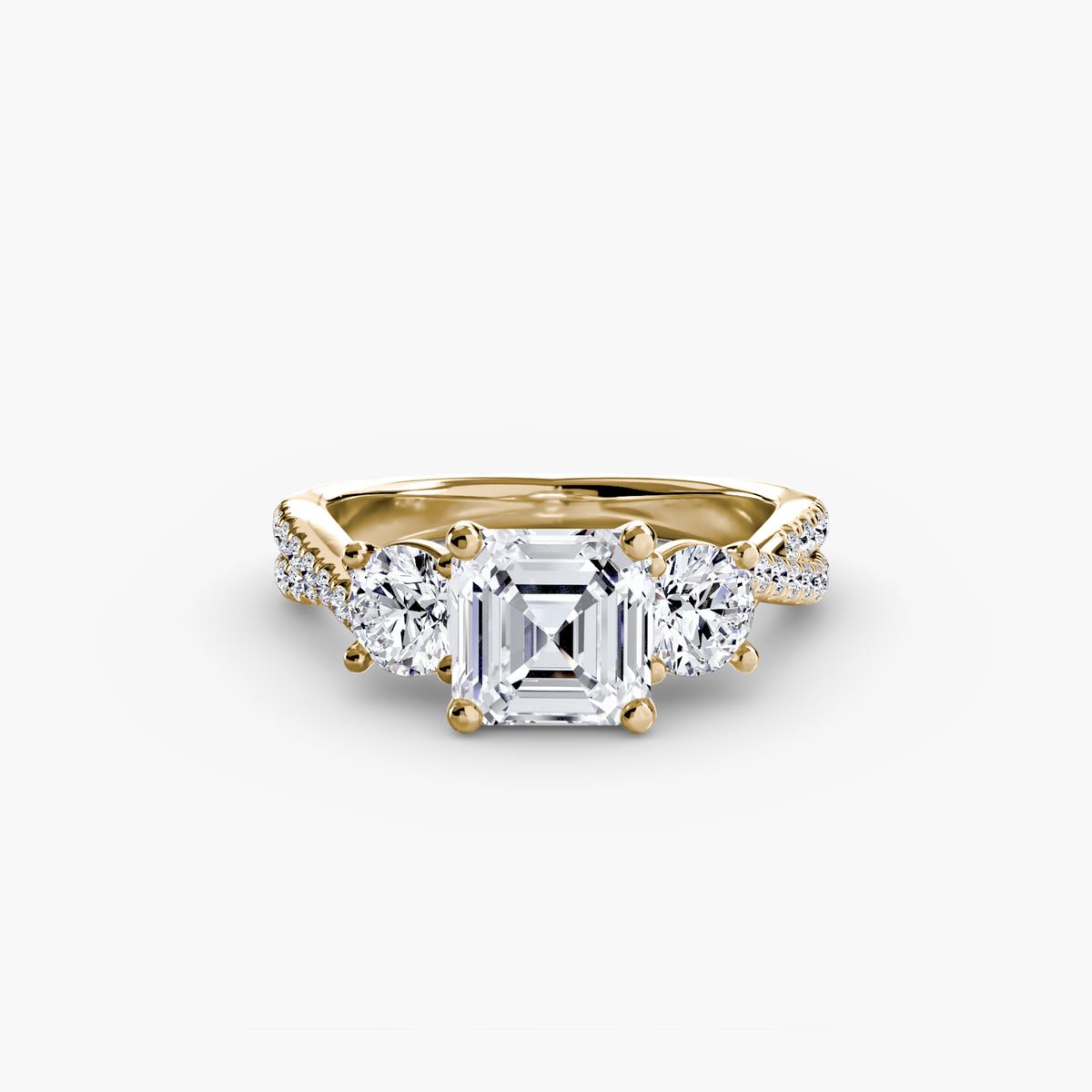 Three-Stone with Pavé Band engagement ring in yellow gold with an Asscher-cut centre stone