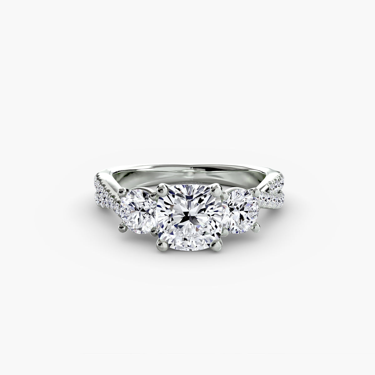 Three-Stone with Pavé Band engagement ring in white gold with a cushion-cut centre stone