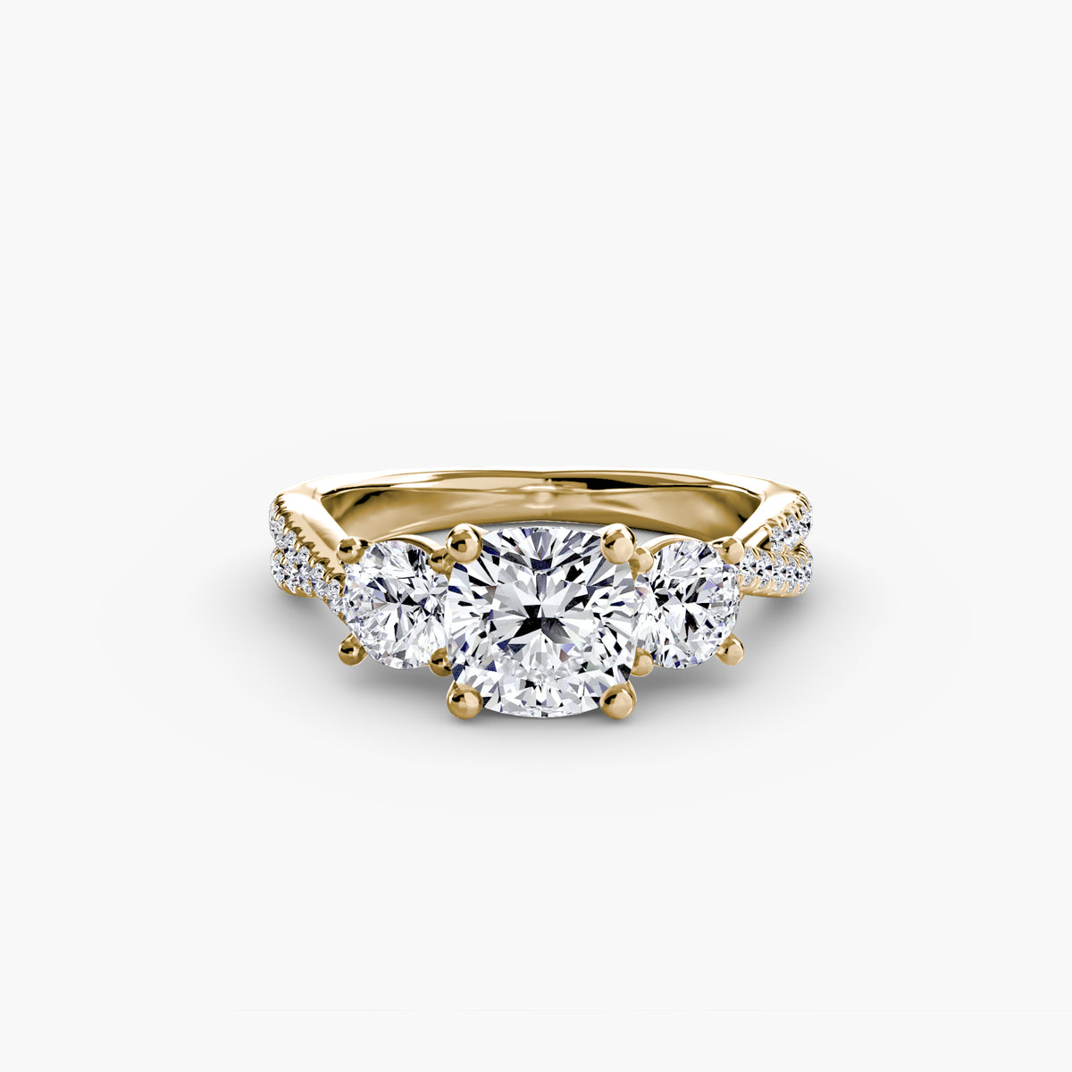 Three-Stone with Pavé Band engagement ring in yellow gold with a cushion-cut centre stone