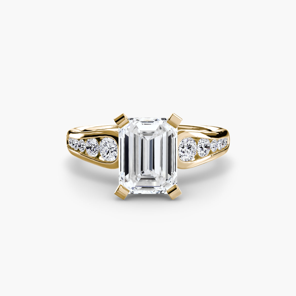 Solitaire with Pavé engagement ring in yellow gold with an emerald-cut centre stone