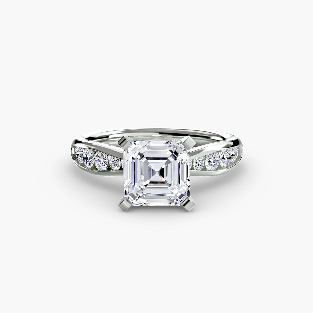 Solitaire with Pavé engagement ring in white gold with an Asscher-cut centre stone