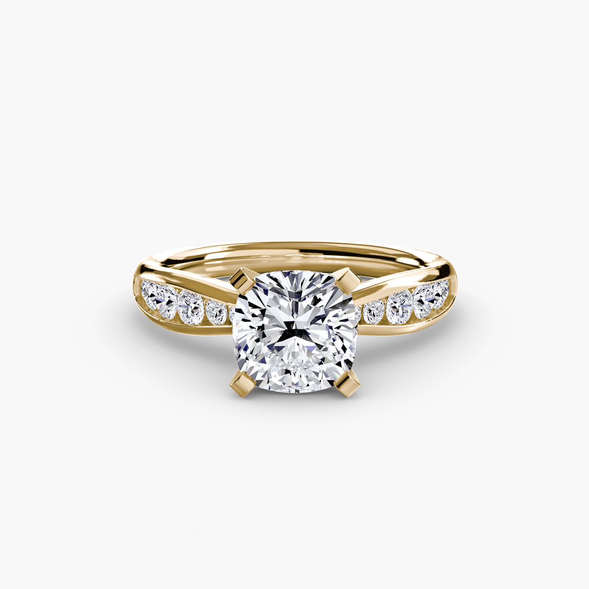 Solitaire with Pavé engagement ring in yellow gold with a cushion-cut centre stone