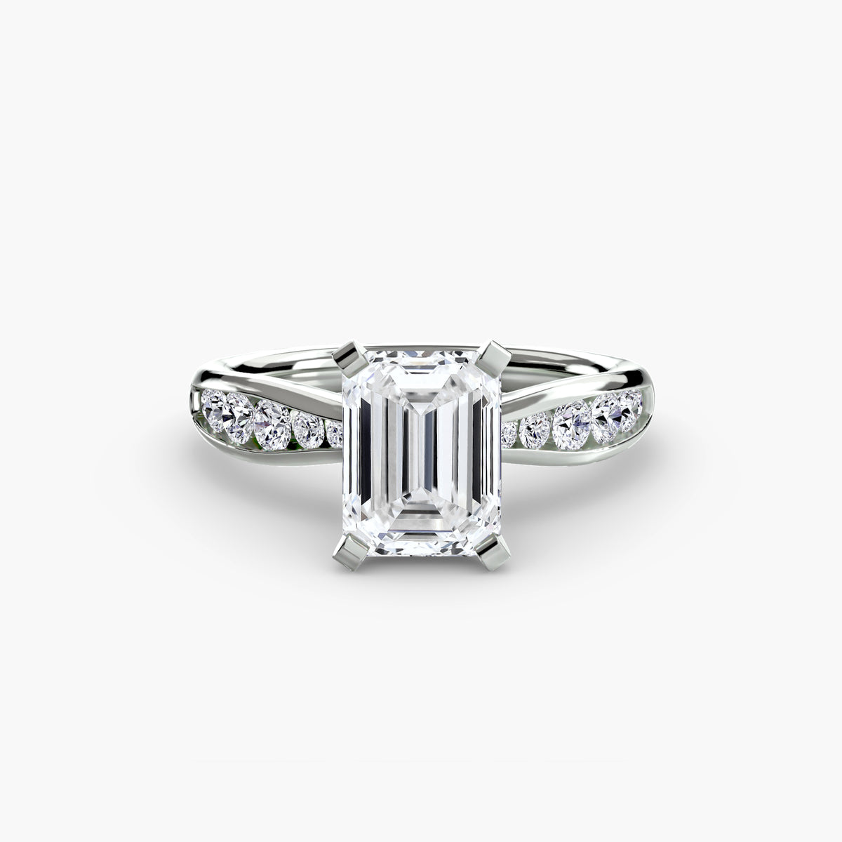 Solitaire with Pavé engagement ring in white gold with an emerald-cut centre stone