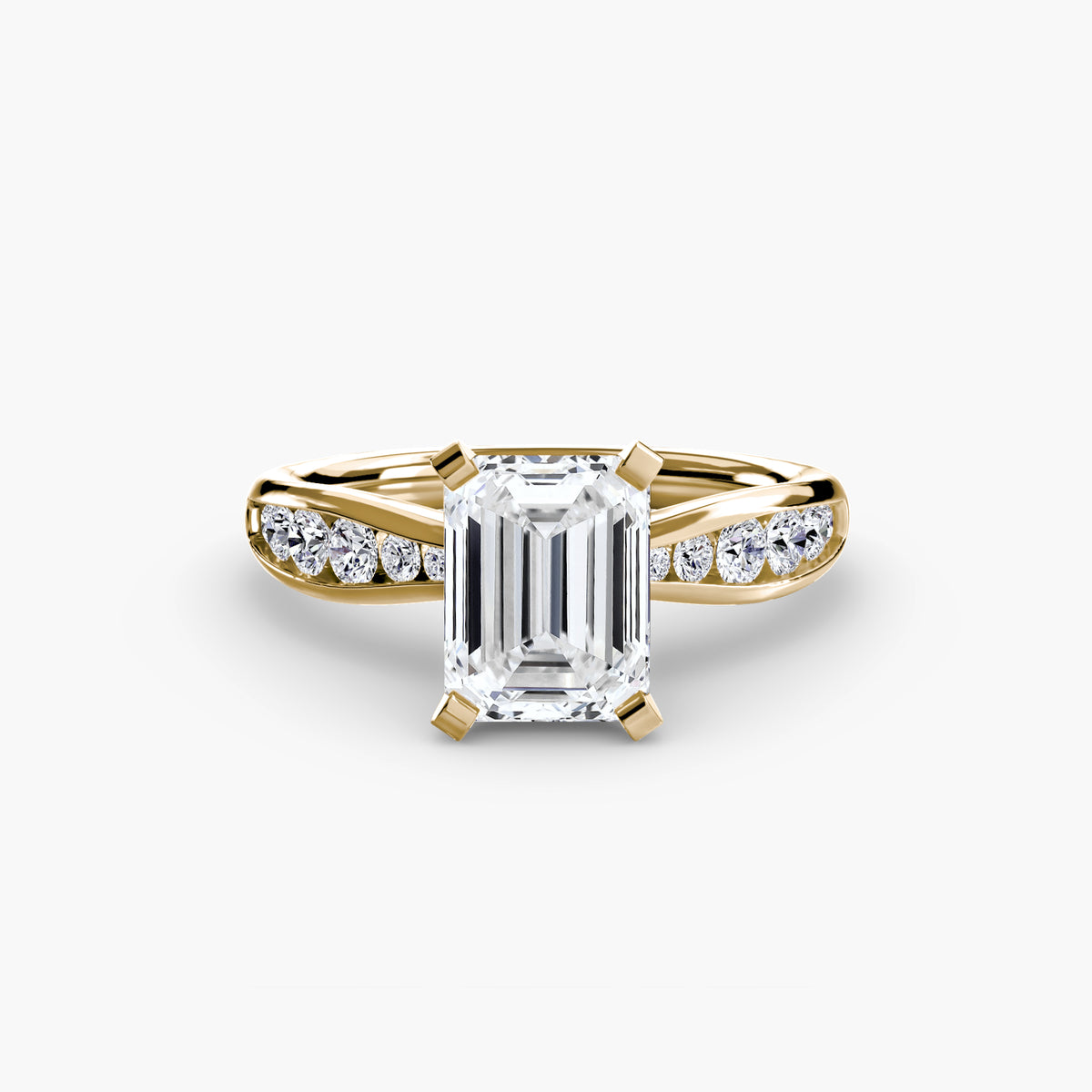 Solitaire with Pavé engagement ring in yellow gold with an emerald-cut centre stone