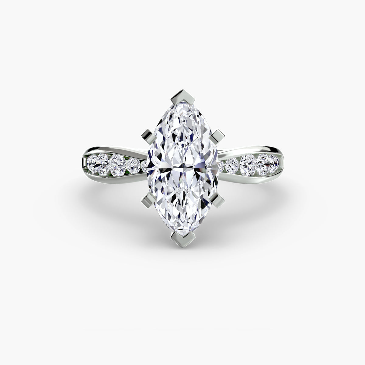 Solitaire with Pavé engagement ring in white gold with a marquise centre stone