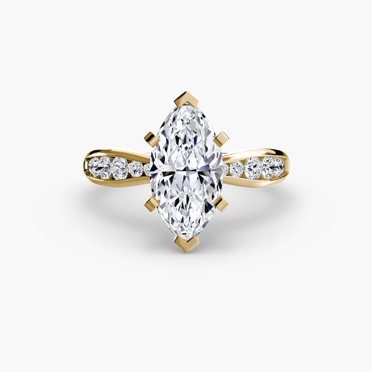 Solitaire with Pavé engagement ring in yellow gold with a marquise centre stone