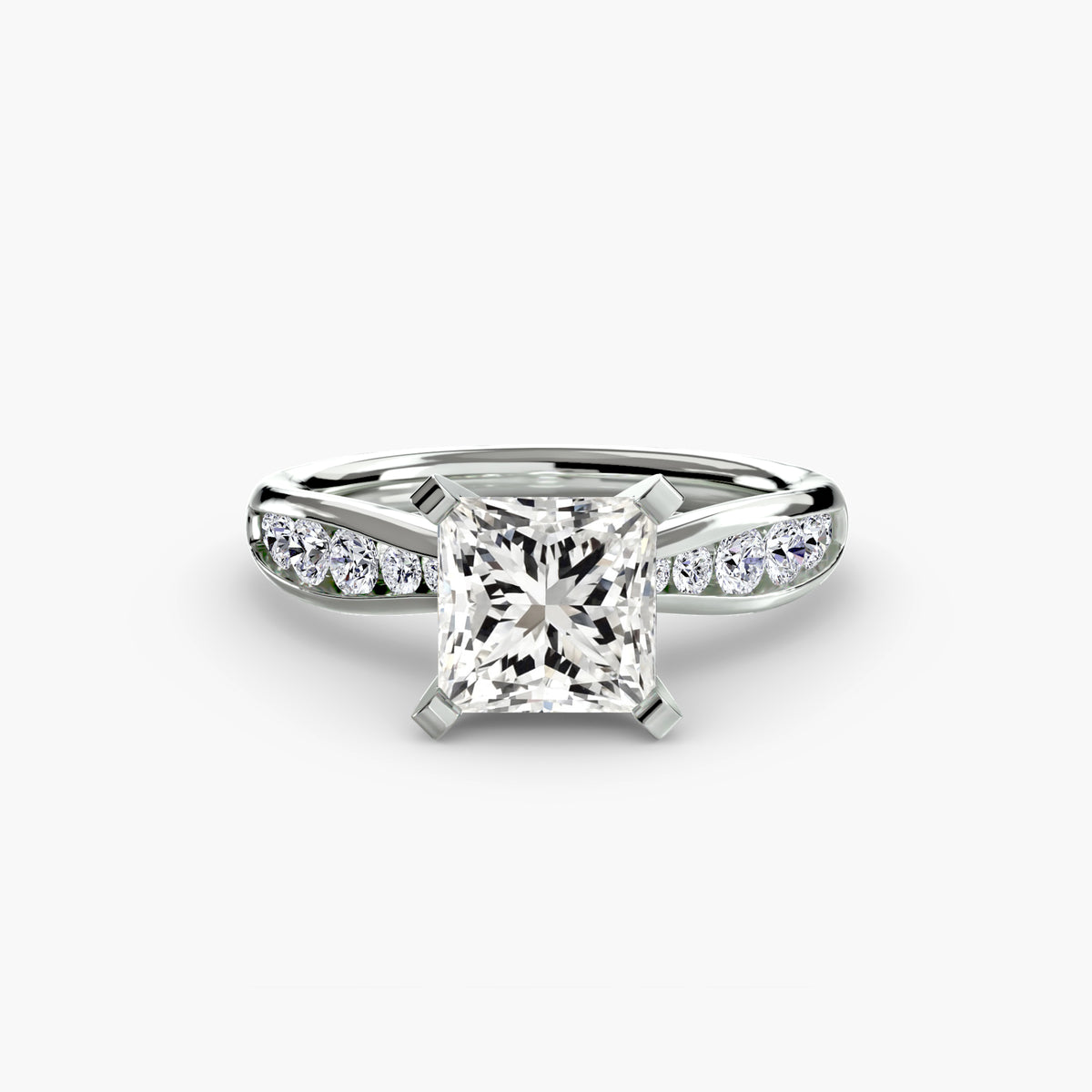 Solitaire with Pavé engagement ring in white gold with a princess-cut centre stone