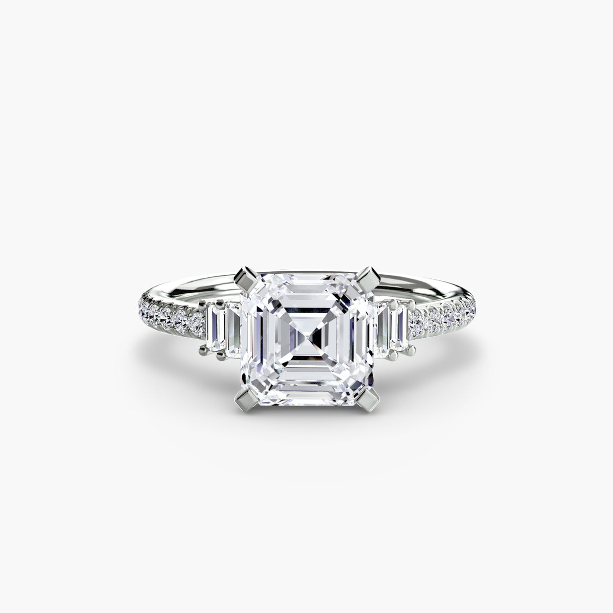 Solitaire with Pavé engagement ring in white gold with an Asscher-cut centre stone