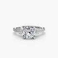 Solitaire with Pavé engagement ring in white gold with a cushion-cut centre stone