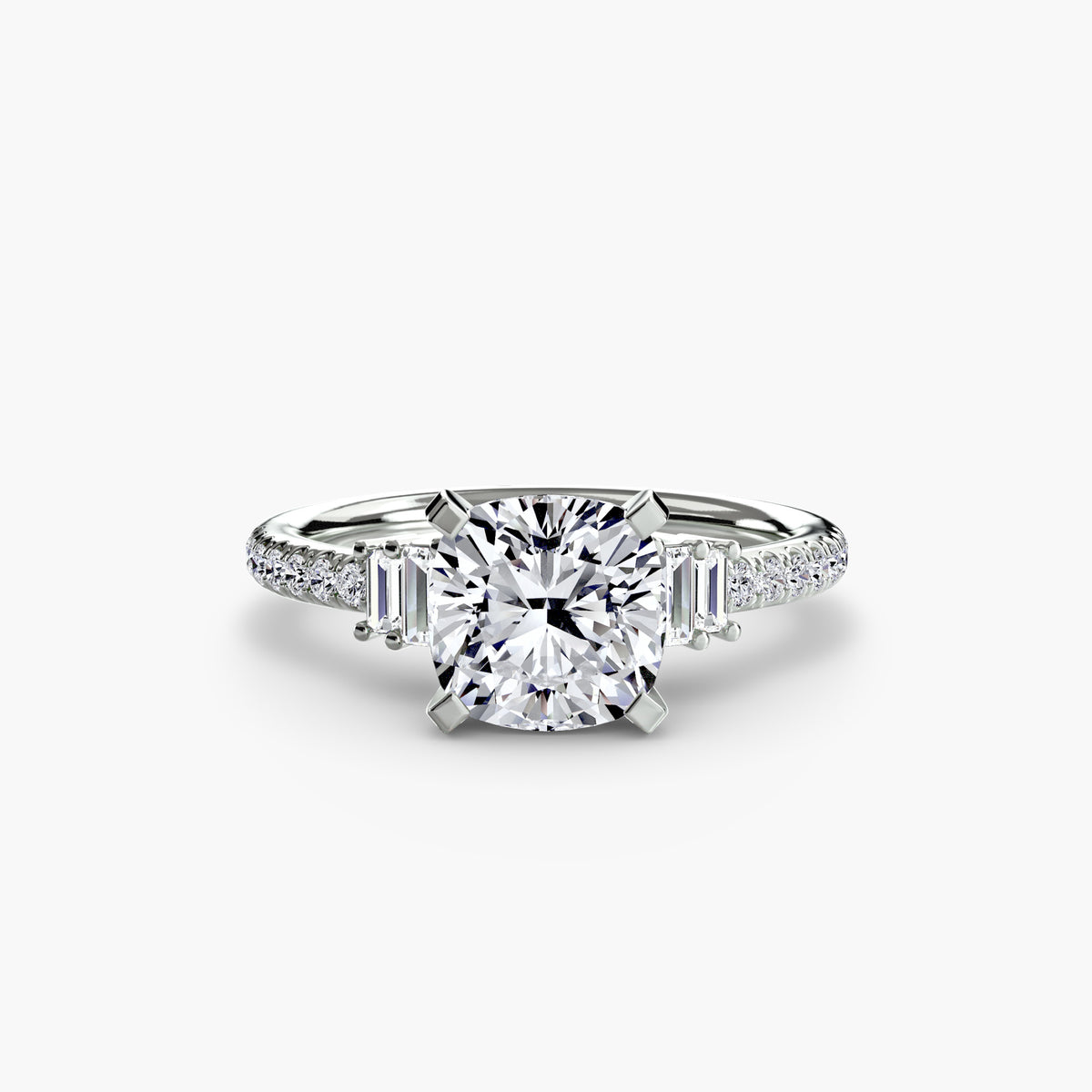 Solitaire with Pavé engagement ring in white gold with a cushion-cut centre stone