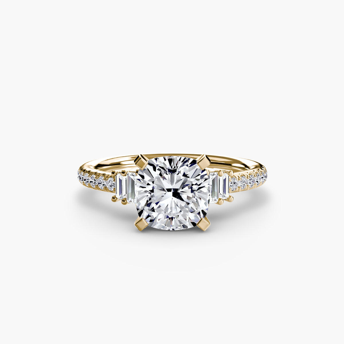 Solitaire with Pavé engagement ring in yellow gold with a cushion-cut centre stone