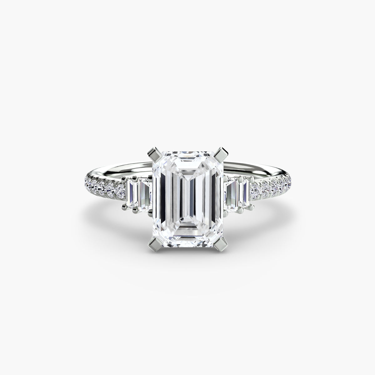 Solitaire with Pavé engagement ring in white gold with an emerald-cut centre stone
