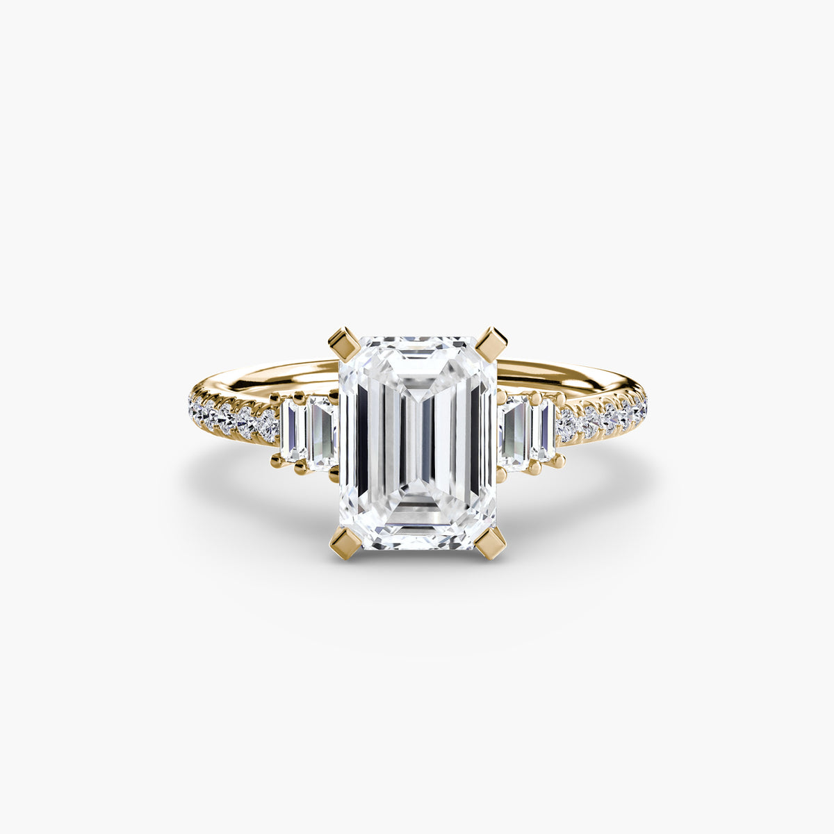 Solitaire with Pavé engagement ring in yellow gold with an emerald-cut centre stone