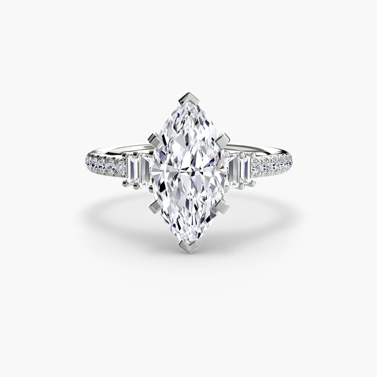 Solitaire with Pavé engagement ring in white gold with a marquise centre stone